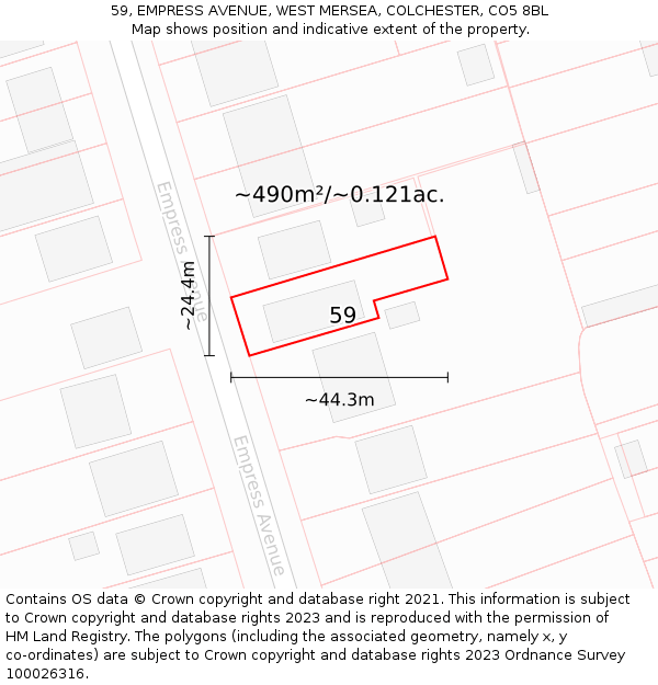 59, EMPRESS AVENUE, WEST MERSEA, COLCHESTER, CO5 8BL: Plot and title map