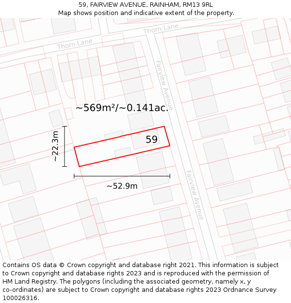 59, FAIRVIEW AVENUE, RAINHAM, RM13 9RL: Plot and title map