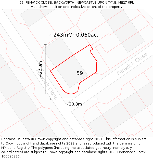 59, FENWICK CLOSE, BACKWORTH, NEWCASTLE UPON TYNE, NE27 0RL: Plot and title map