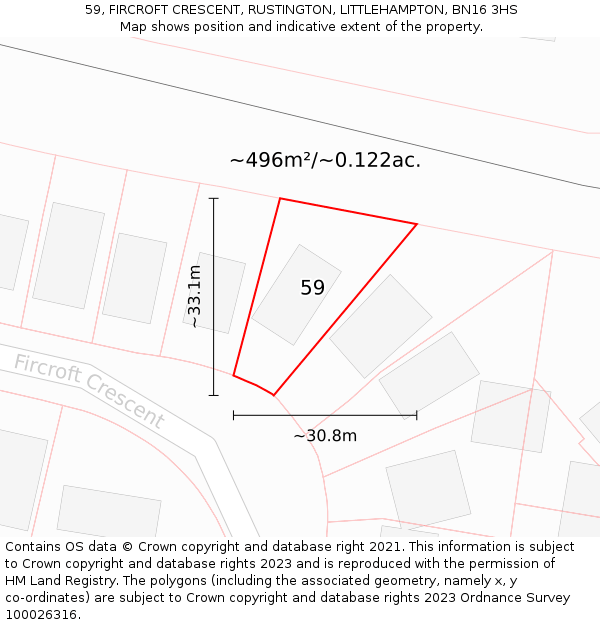 59, FIRCROFT CRESCENT, RUSTINGTON, LITTLEHAMPTON, BN16 3HS: Plot and title map