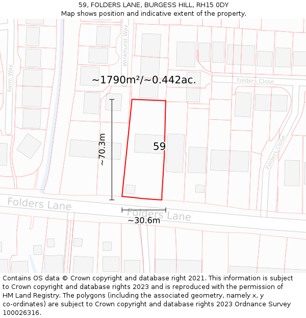 59, FOLDERS LANE, BURGESS HILL, RH15 0DY: Plot and title map