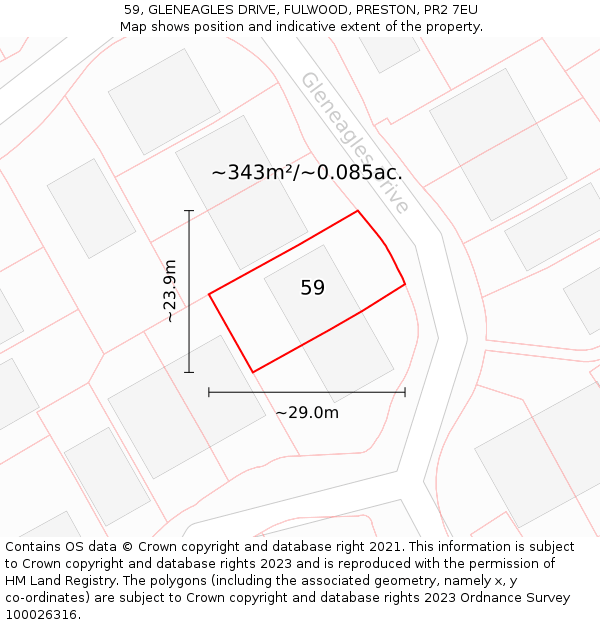 59, GLENEAGLES DRIVE, FULWOOD, PRESTON, PR2 7EU: Plot and title map