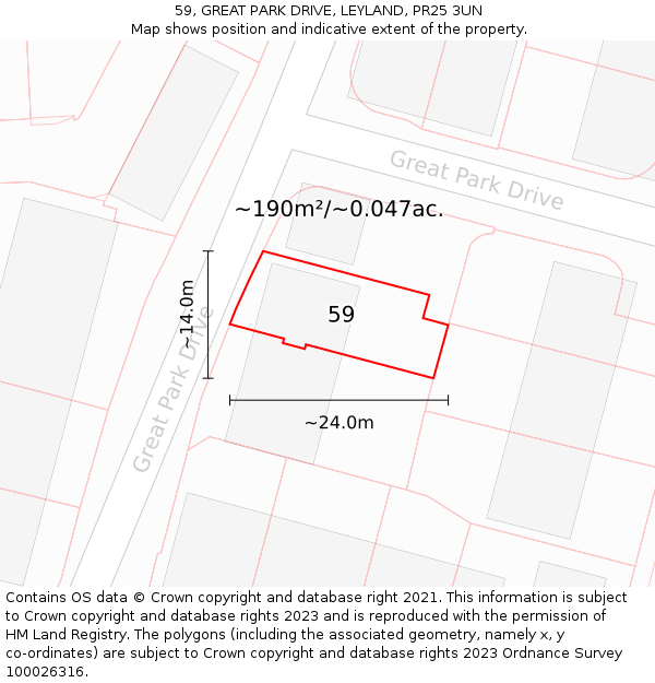 59, GREAT PARK DRIVE, LEYLAND, PR25 3UN: Plot and title map