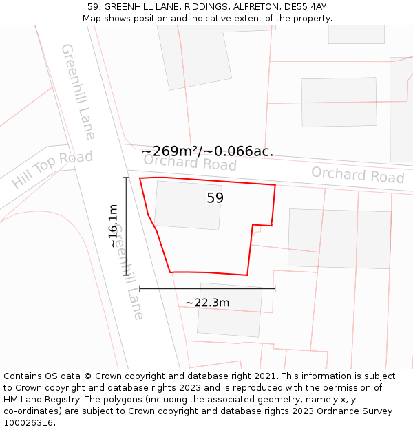 59, GREENHILL LANE, RIDDINGS, ALFRETON, DE55 4AY: Plot and title map