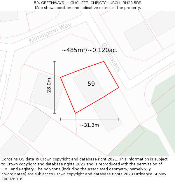 59, GREENWAYS, HIGHCLIFFE, CHRISTCHURCH, BH23 5BB: Plot and title map