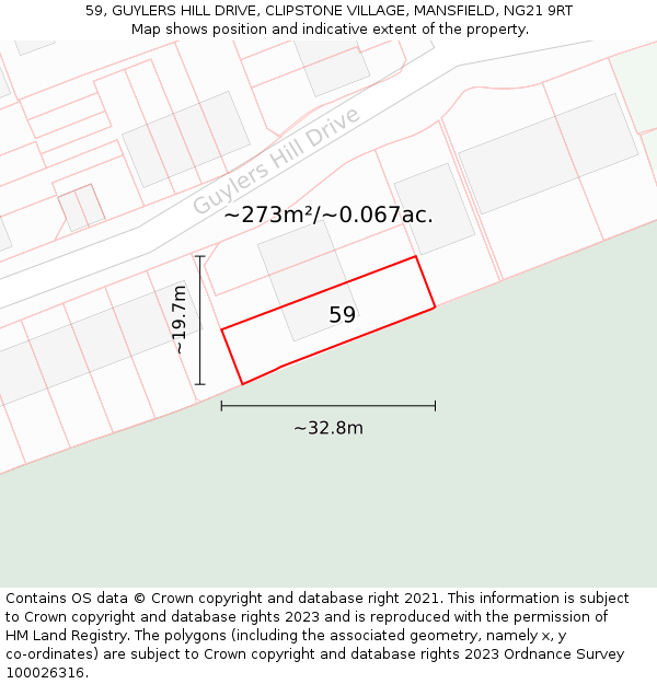 59, GUYLERS HILL DRIVE, CLIPSTONE VILLAGE, MANSFIELD, NG21 9RT: Plot and title map