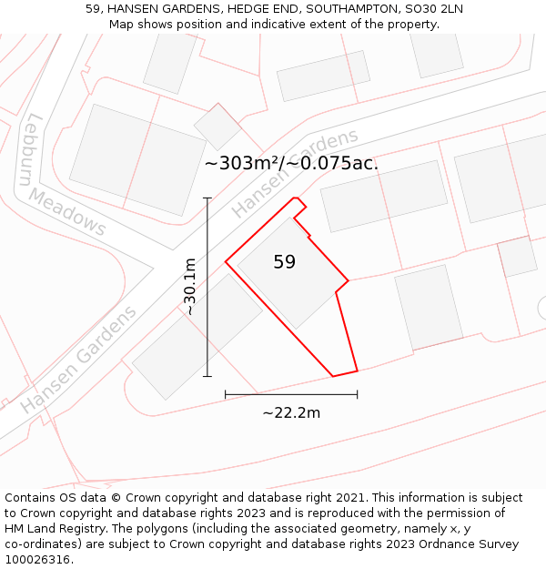 59, HANSEN GARDENS, HEDGE END, SOUTHAMPTON, SO30 2LN: Plot and title map