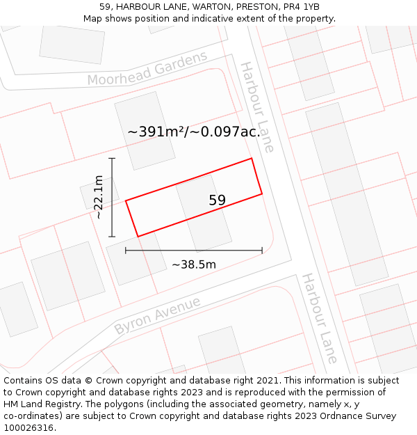 59, HARBOUR LANE, WARTON, PRESTON, PR4 1YB: Plot and title map