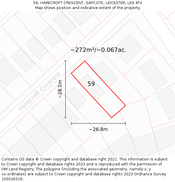 59, HARECROFT CRESCENT, SAPCOTE, LEICESTER, LE9 4FX: Plot and title map