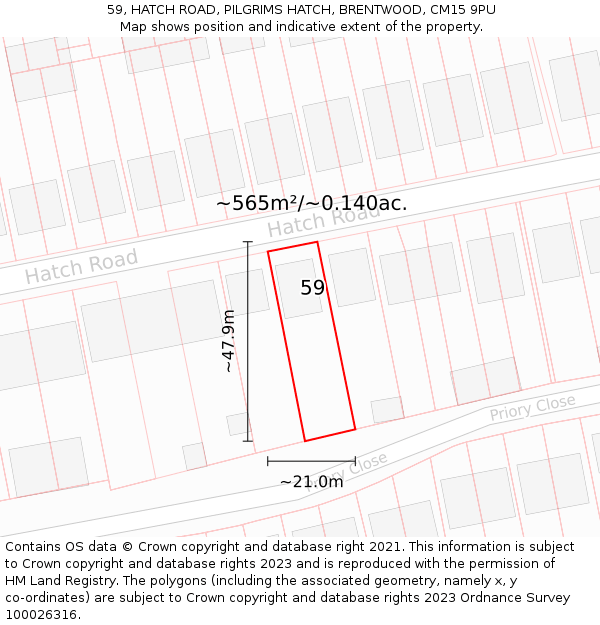 59, HATCH ROAD, PILGRIMS HATCH, BRENTWOOD, CM15 9PU: Plot and title map
