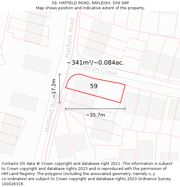 59, HATFIELD ROAD, RAYLEIGH, SS6 9AP: Plot and title map