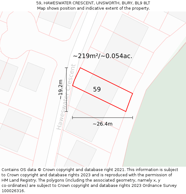 59, HAWESWATER CRESCENT, UNSWORTH, BURY, BL9 8LT: Plot and title map