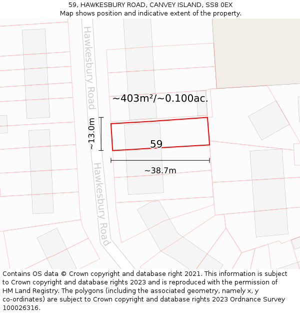 59, HAWKESBURY ROAD, CANVEY ISLAND, SS8 0EX: Plot and title map