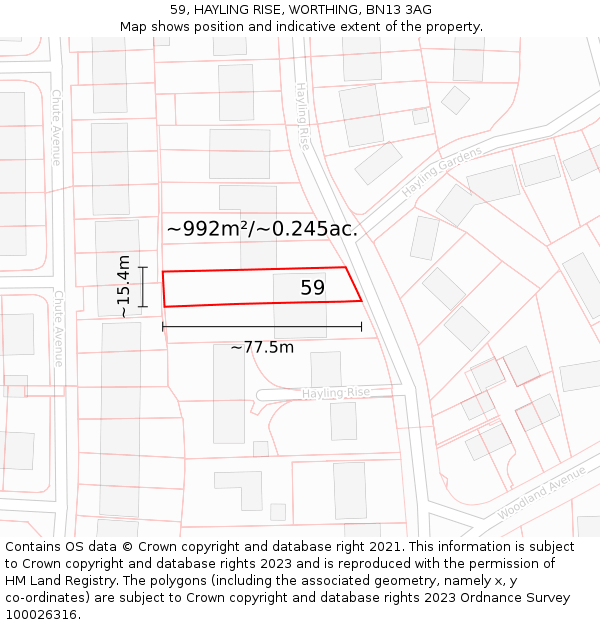 59, HAYLING RISE, WORTHING, BN13 3AG: Plot and title map