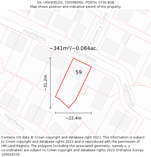 59, HIGHFIELDS, TONYREFAIL, PORTH, CF39 8GB: Plot and title map