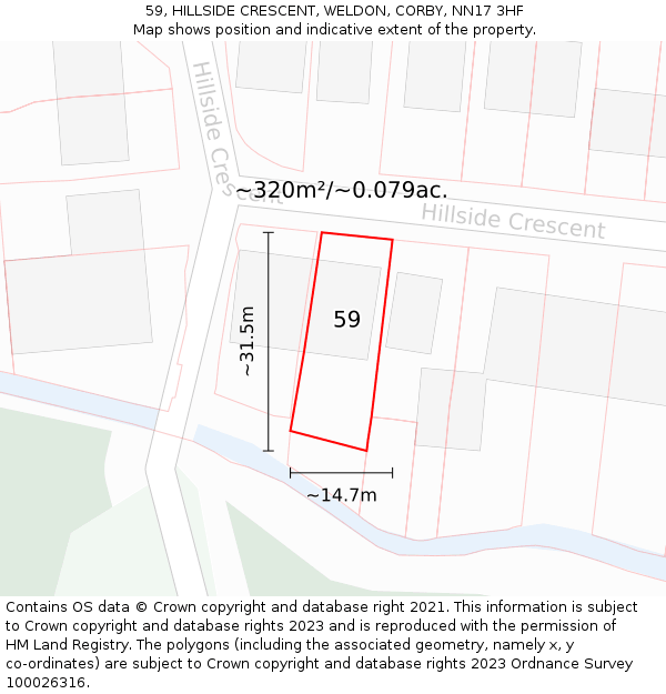 59, HILLSIDE CRESCENT, WELDON, CORBY, NN17 3HF: Plot and title map
