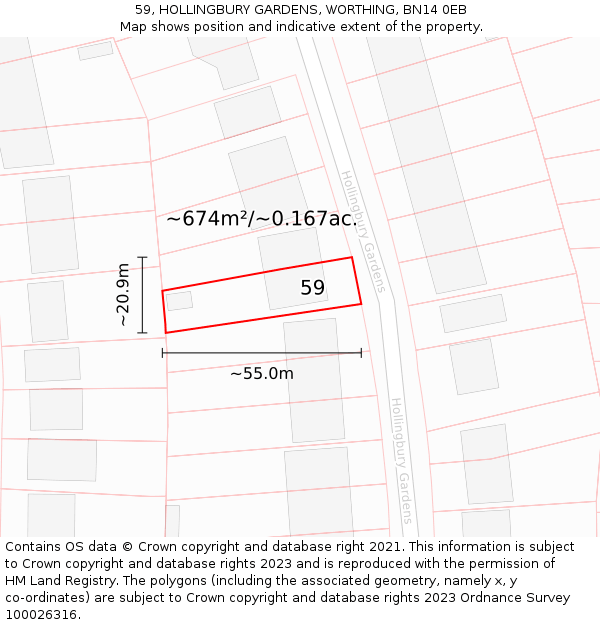 59, HOLLINGBURY GARDENS, WORTHING, BN14 0EB: Plot and title map