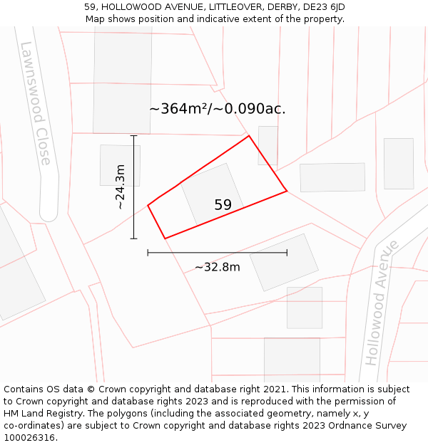 59, HOLLOWOOD AVENUE, LITTLEOVER, DERBY, DE23 6JD: Plot and title map