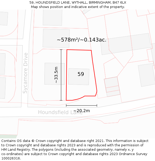 59, HOUNDSFIELD LANE, WYTHALL, BIRMINGHAM, B47 6LX: Plot and title map