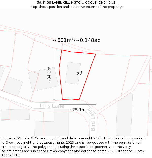 59, INGS LANE, KELLINGTON, GOOLE, DN14 0NS: Plot and title map