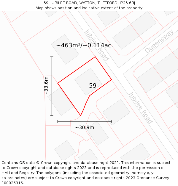 59, JUBILEE ROAD, WATTON, THETFORD, IP25 6BJ: Plot and title map