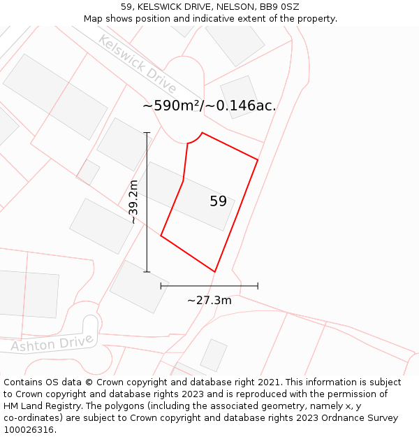 59, KELSWICK DRIVE, NELSON, BB9 0SZ: Plot and title map