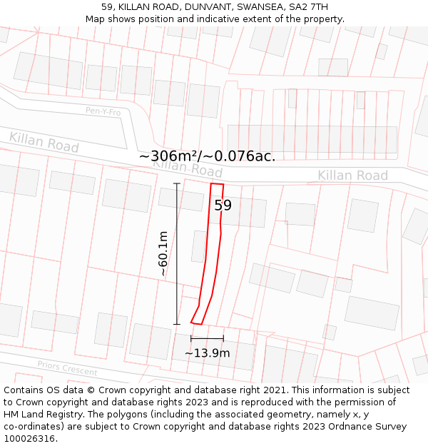 59, KILLAN ROAD, DUNVANT, SWANSEA, SA2 7TH: Plot and title map