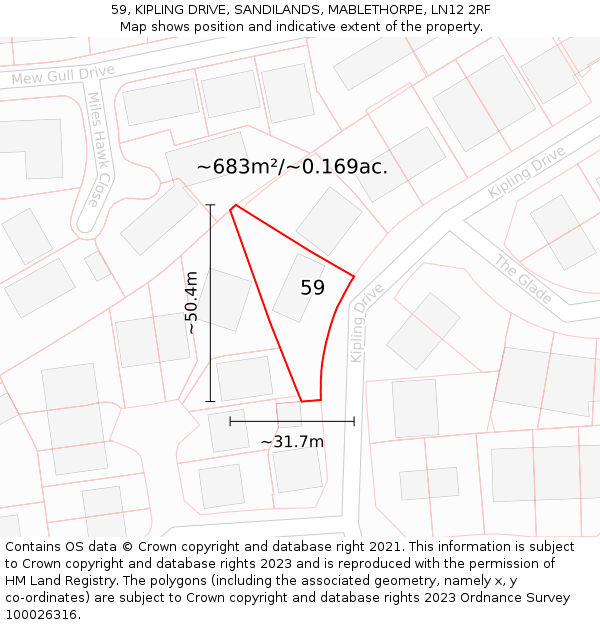 59, KIPLING DRIVE, SANDILANDS, MABLETHORPE, LN12 2RF: Plot and title map