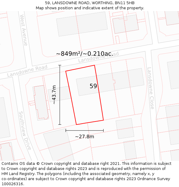 59, LANSDOWNE ROAD, WORTHING, BN11 5HB: Plot and title map