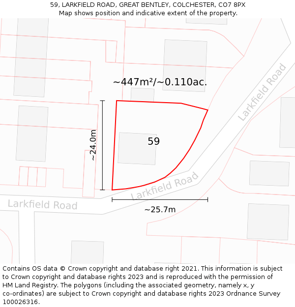 59, LARKFIELD ROAD, GREAT BENTLEY, COLCHESTER, CO7 8PX: Plot and title map
