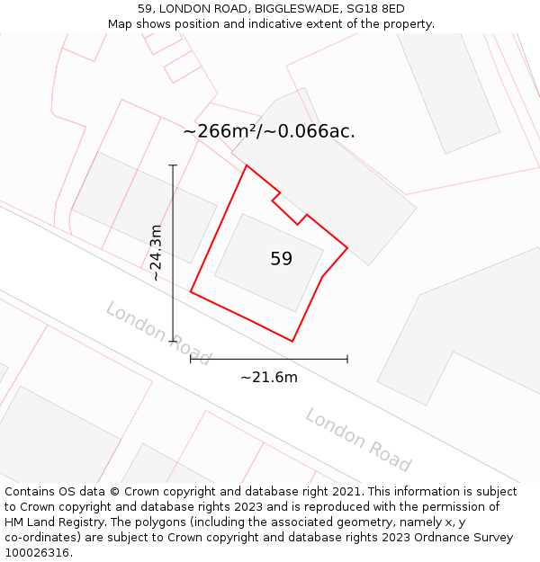 59, LONDON ROAD, BIGGLESWADE, SG18 8ED: Plot and title map