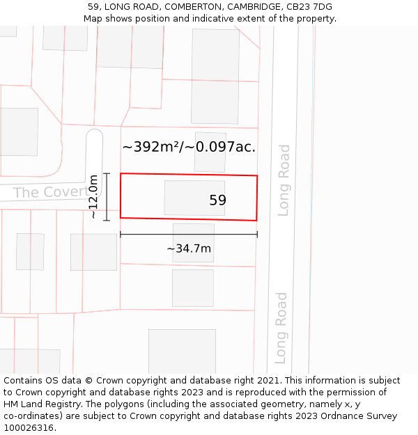 59, LONG ROAD, COMBERTON, CAMBRIDGE, CB23 7DG: Plot and title map