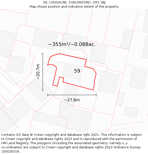 59, LONGACRE, CHELMSFORD, CM1 3BJ: Plot and title map