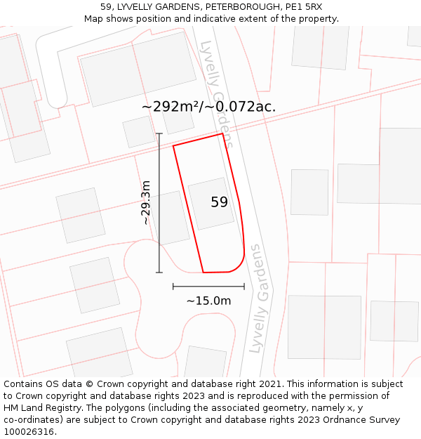 59, LYVELLY GARDENS, PETERBOROUGH, PE1 5RX: Plot and title map