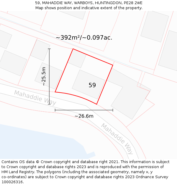 59, MAHADDIE WAY, WARBOYS, HUNTINGDON, PE28 2WE: Plot and title map