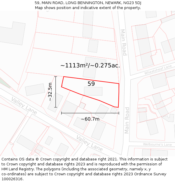 59, MAIN ROAD, LONG BENNINGTON, NEWARK, NG23 5DJ: Plot and title map