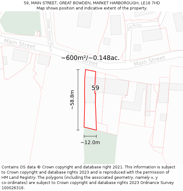 59, MAIN STREET, GREAT BOWDEN, MARKET HARBOROUGH, LE16 7HD: Plot and title map