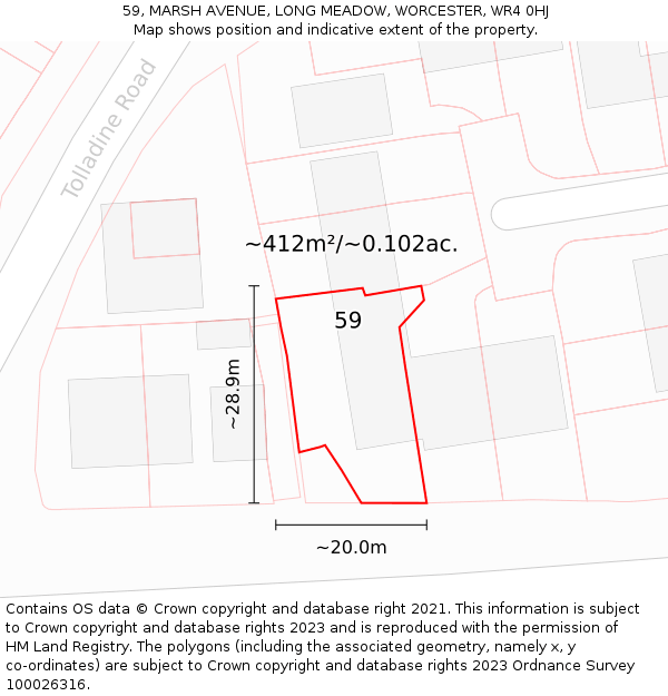 59, MARSH AVENUE, LONG MEADOW, WORCESTER, WR4 0HJ: Plot and title map