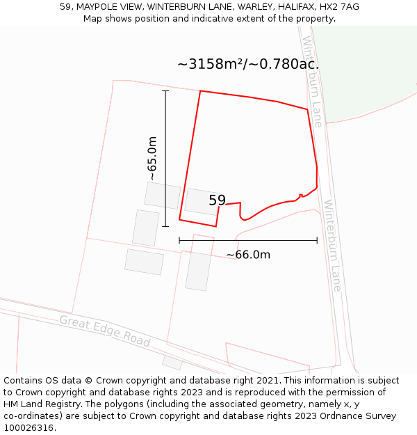 59, MAYPOLE VIEW, WINTERBURN LANE, WARLEY, HALIFAX, HX2 7AG: Plot and title map