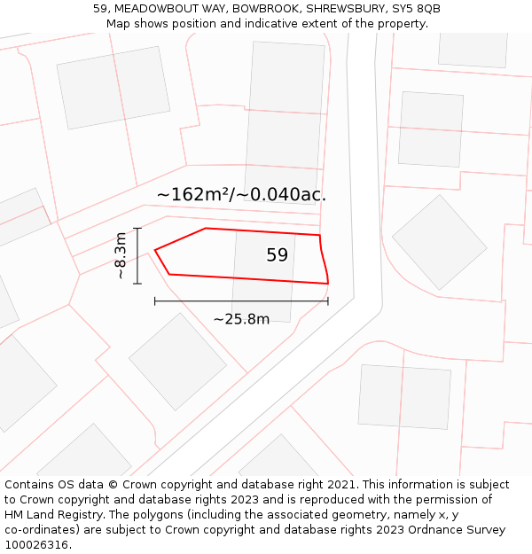 59, MEADOWBOUT WAY, BOWBROOK, SHREWSBURY, SY5 8QB: Plot and title map