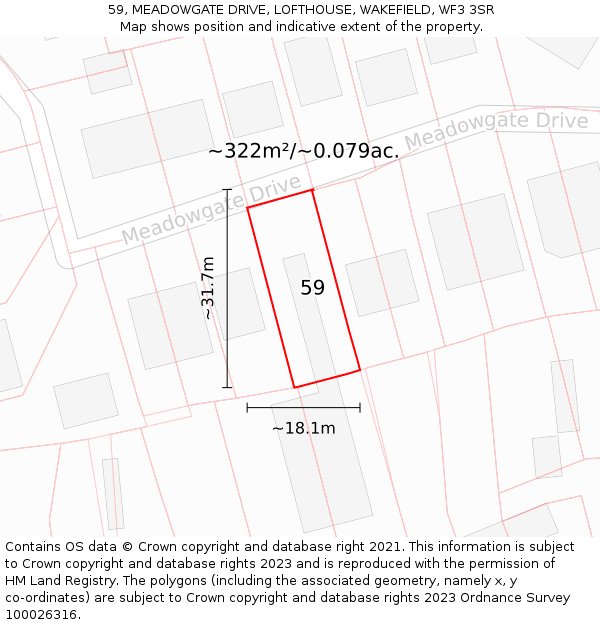 59, MEADOWGATE DRIVE, LOFTHOUSE, WAKEFIELD, WF3 3SR: Plot and title map