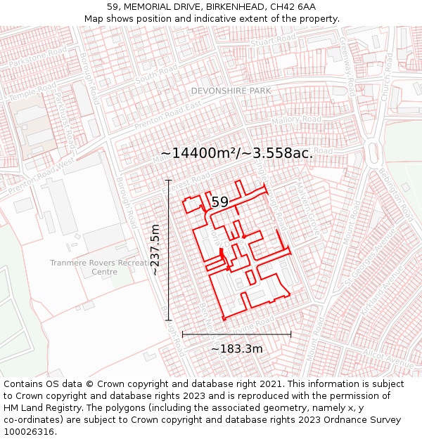 59, MEMORIAL DRIVE, BIRKENHEAD, CH42 6AA: Plot and title map