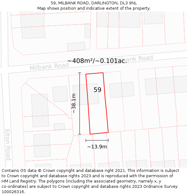 59, MILBANK ROAD, DARLINGTON, DL3 9NL: Plot and title map