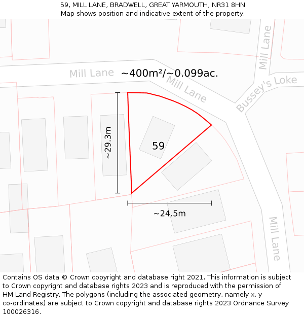 59, MILL LANE, BRADWELL, GREAT YARMOUTH, NR31 8HN: Plot and title map