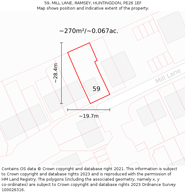 59, MILL LANE, RAMSEY, HUNTINGDON, PE26 1EF: Plot and title map