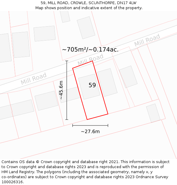 59, MILL ROAD, CROWLE, SCUNTHORPE, DN17 4LW: Plot and title map
