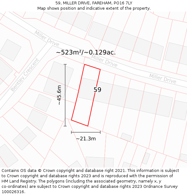 59, MILLER DRIVE, FAREHAM, PO16 7LY: Plot and title map