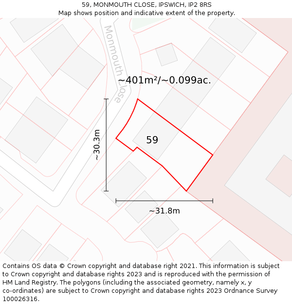 59, MONMOUTH CLOSE, IPSWICH, IP2 8RS: Plot and title map