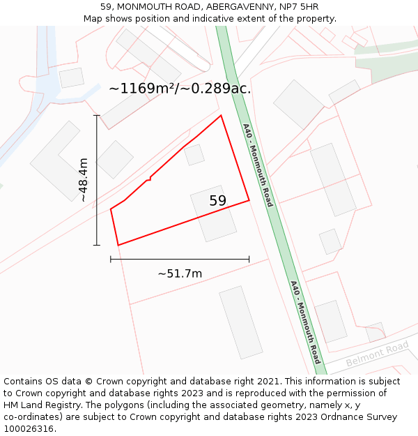 59, MONMOUTH ROAD, ABERGAVENNY, NP7 5HR: Plot and title map