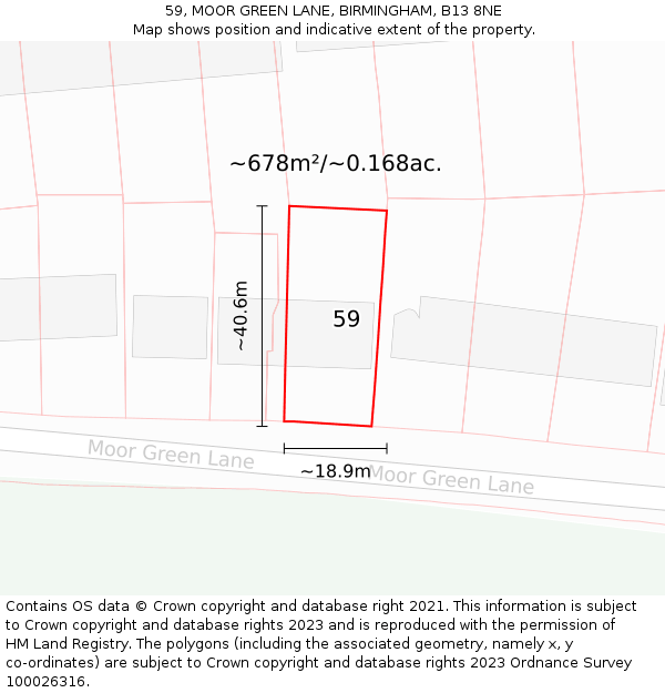 59, MOOR GREEN LANE, BIRMINGHAM, B13 8NE: Plot and title map